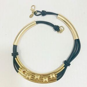 Zara Gold Tone and Leather Choker Necklace with Curved Rods